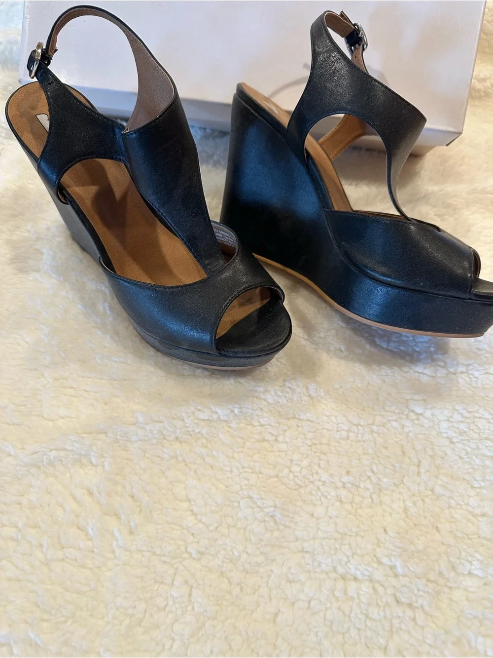 Black Leather Wedge Sandals with Ankle Strap